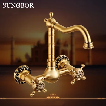 

High quality brass wall mounted Kitchen faucet hot and cold antique carved kitchen sink basin faucet tap mixer CF-9125F