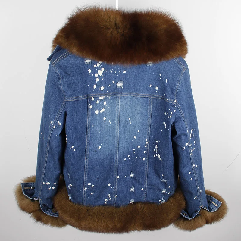 Зима, джинсовая парка, пальто с натуральным мехом, зимняя куртка для женщин, пальто с натуральным лисьим мехом, толстая теплая меховая парка, уличный стиль, Новинка
