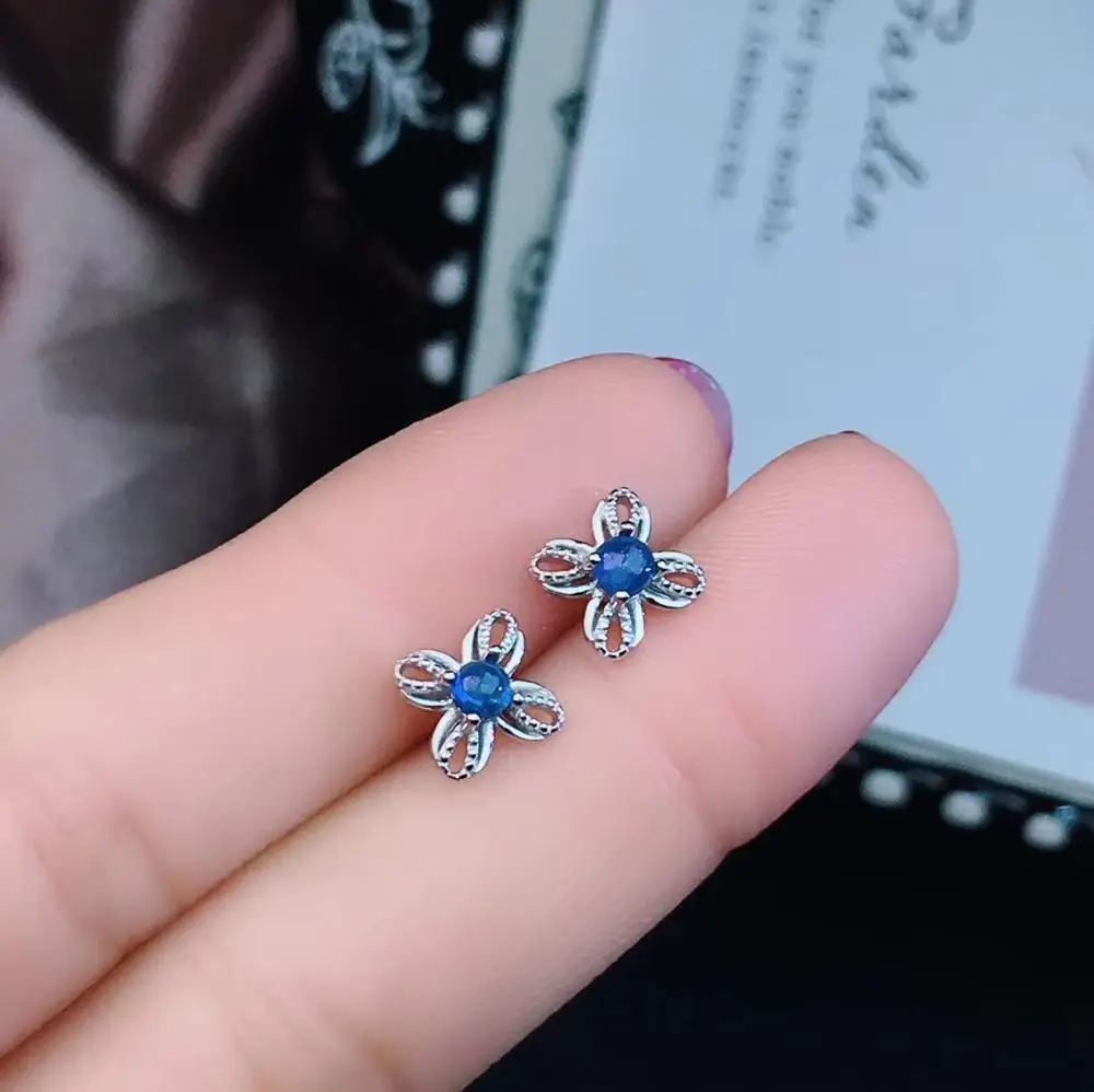 

fashion Lovely Stars Flower natural blue sapphire stone stud earrings 925 silver Natural gemstone earring for girl party jewelry