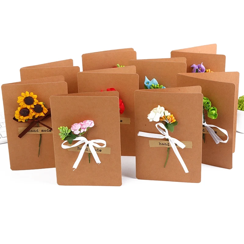 

4 PCS / DIY kraft paper handmade dried flower bow greeting card Happy birthday card Wedding invitation gift thank you cards