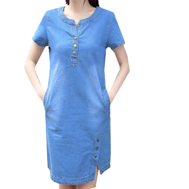 

2019 New Summer Women Dresses Slim Ladies Short Sleeve Denim Dress With Button Pocket Sexy Denim Dress Plus Size Casual Dress