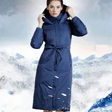 Гусиный пух пальто женское новое длинное над-колено утолщенное Европейское кружево Тонкий размера плюс с капюшоном зимнее пальто Синий 3XL