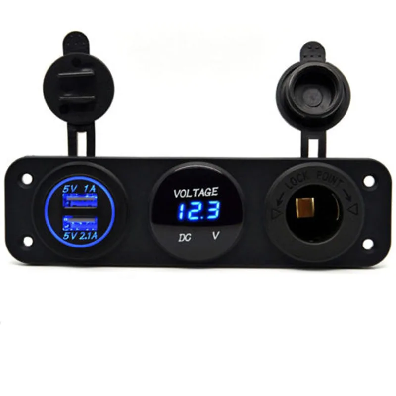 1set Car Boat 3 Hole Panel Dual USB Charger+Blue LED Voltmeter+12V Socket Waterproof