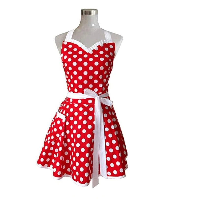 Lovely Sweetheart Red Retro Kitchen Aprons Woman Girl Cotton Polka Dot Cooking Salon Pinafore Vintage Apron Dress Waterproof