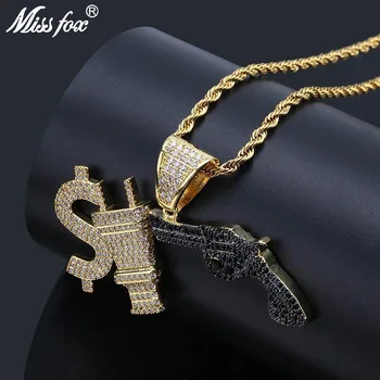 

MISSFOX Hip Hop Black Roscoe Gun $ Electric Plug Necklaces Pendants 24K Gold Plated AAA Cubic Zirconia Men's Nameplate Necklace