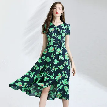 

Dress Summer Chiffon Green Floral Printed 2019 Women's New V-Neck Short Sleeved Slim Belted A-Line Elegant Dress Midi M-XXL