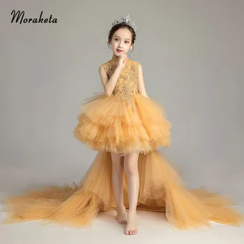 

High Neck Sleeveless Gold Ball Gown Flower Girl Dresses With Train Luxury Beading Tulle High Low Pageant Dresses For Girls