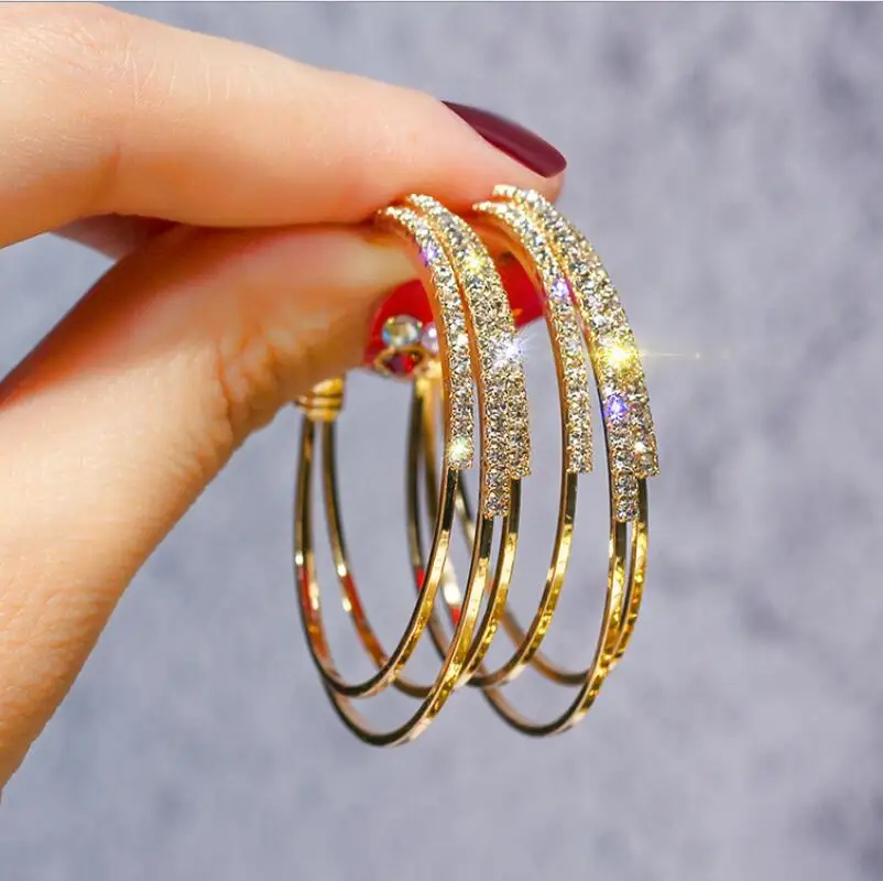 

Brand S925 Silver Needle Full Rhinestone Geometry Circle Statement Earrings Temperament C-Type Earrings For Women Party Jewelry