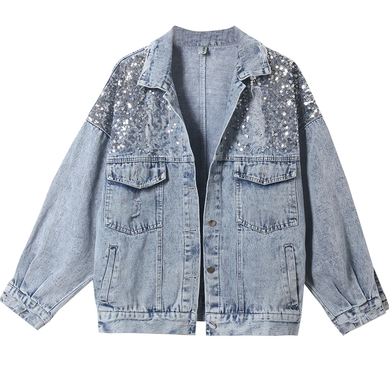 #3115 الربيع الخريف عارضة الدنيم سترة للنساء الترتر فضفاضة الخفافيش الأكمام عارضة أبلى ممزق الدينيم سترة السيدات مع ثقوب