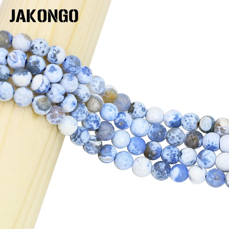 

JAKONGO Blue Spot White Natural Faced Round Stone Beads Strand For Making Bracelets Loose Beads for DIY Jewelry 6/8/10mm