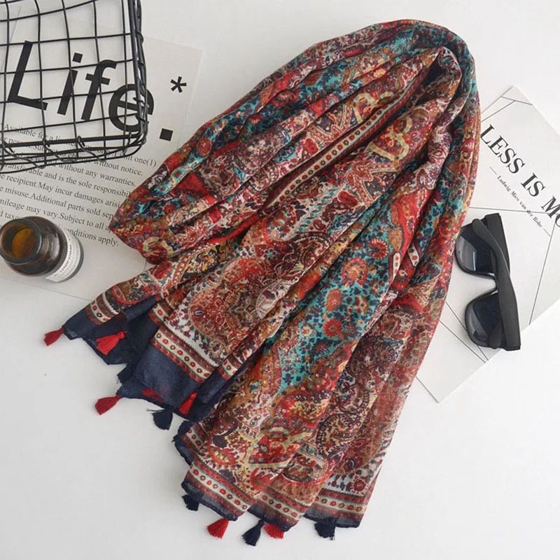 

Bohemian Retro Style Flower Cotton Ladies Shawl Scarf Women's Basic Scarves Drop Outdoor Decor Charm Camera Sunscreen Scarves