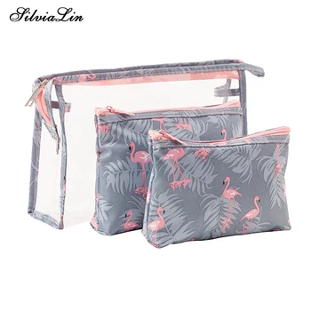 

3Pcs/Set Women's PVC Transparent Cosmetic Bag Flamingo Makeup Pouch Girl Brush Pencil Case Toiletry Organizer Travel Accessories