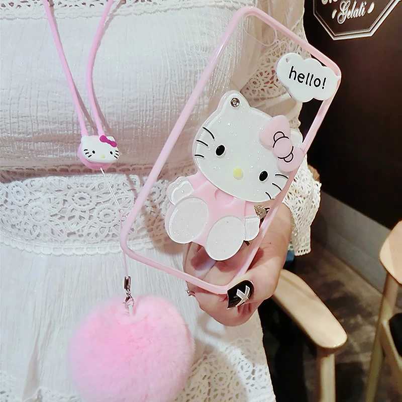 For iPhone 7 plus /X 8 6 6splus case pink Hello kitty For samsung galaxy s8 plus s6 s7 edge case cartoon cat mirror cover +rope