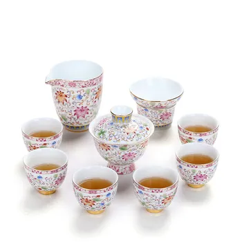 

Exquisite Cover bowl tea cup home Chinese Kung Fu tea set full set of enamel ceramic teapot Gaiwan tea cup Set Tea ceremony Gift