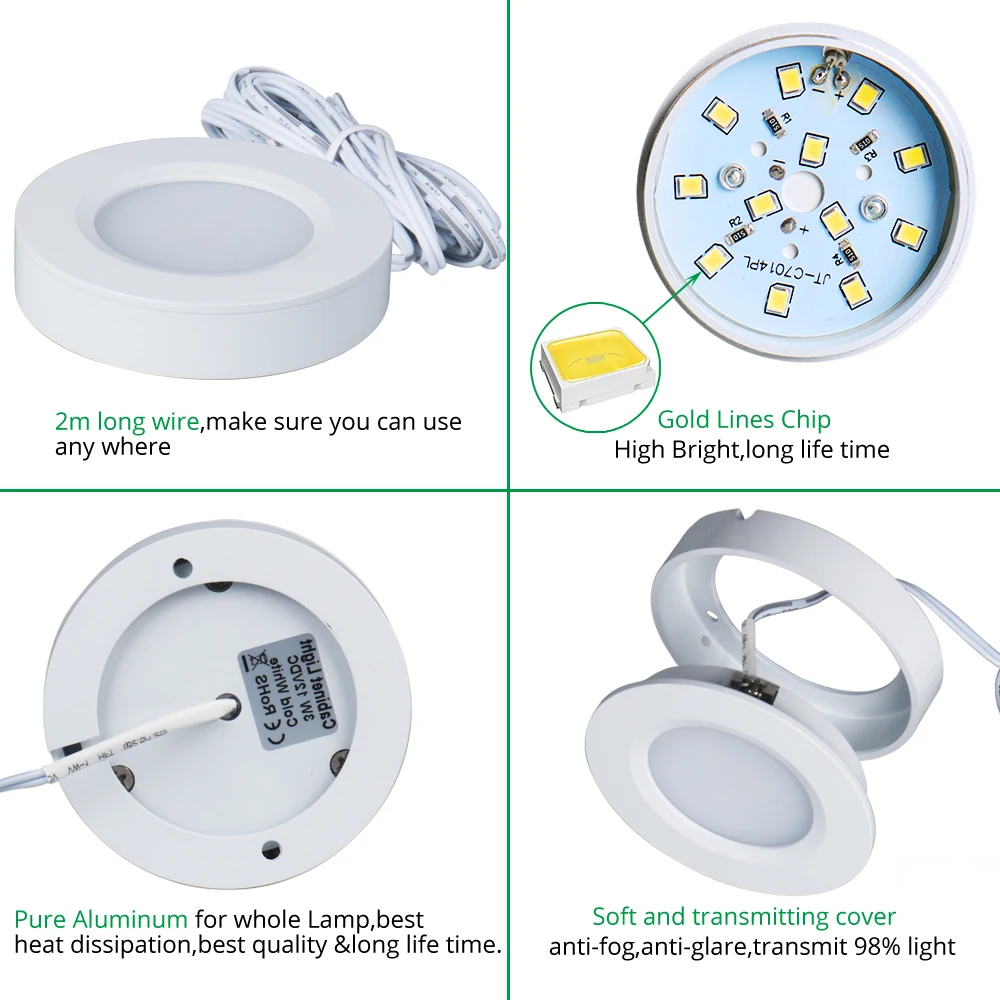 Под светильники кабинета 12V светодиодные кухонные шкафы Освещение Лампы Полка Витрина Круглый Шайба Свет Книжная полка Счетчик Мебель Лампа