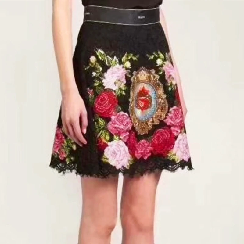

Vintage Runway Skirts Womens Summer Rose Floral Embroidery Lace High Waist A Line Black Short Mini Skirt Boho Clothes 2019