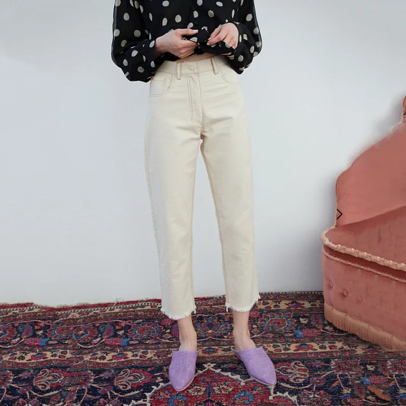 

Dirty Rice White Cow! Cobbled Comfortable Cotton Fitting Jeans with High Waist Fake Zippers Pockets Zipper Jeans Women 2019