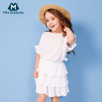 Mini Balabala Girls 2-Piece clothes set Soft Cotton Short Ruffle Sleeved Blouse Top + Ruffled Skirt Set Children Kids Outfits 1