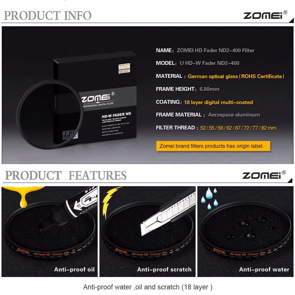 Zomei 77 мм PRO Slim HD ND2-400 ND2 до ND400 нейтральная плотность фейдер переменный MC ND фильтр для Canon NIkon sony объектив камеры 77 мм