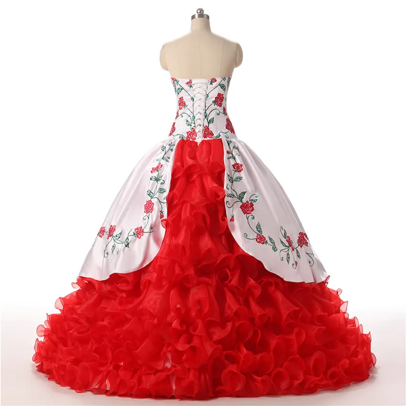 Vintage Quinceanera Dresses 2018 Ball Gown Red White Embroidery