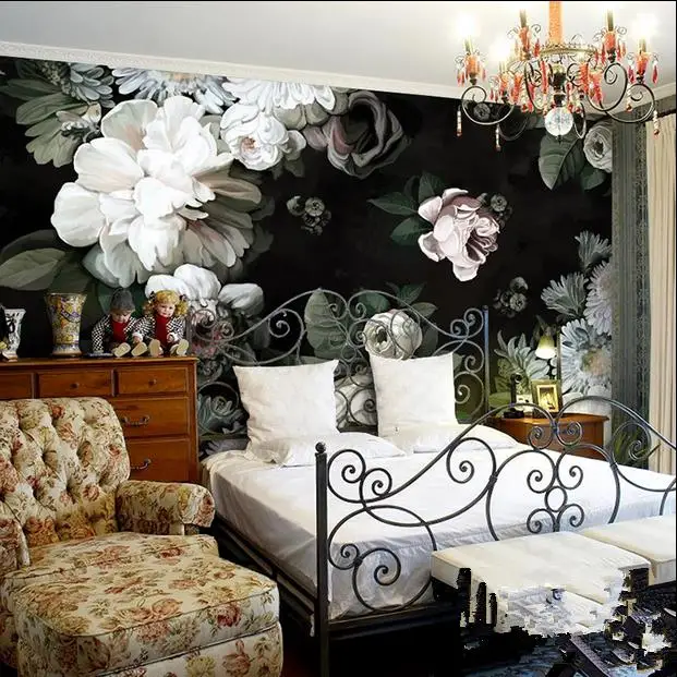free shipping custom 3d hand painted black flowers wallpaper living