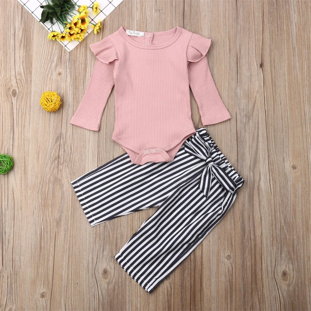 Cute Newborn Infant Baby Girl Sweet Outfit Clothes Ruffle Long Sleeve Romper Bow Tie Striped Pants Trousers Clothes Set