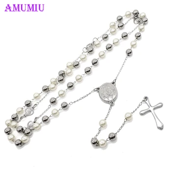 

AMUMIU Woman rosary beads necklace Stainless steel Silver Color Religion of Jesus women cross pendant pearl necklace N015B