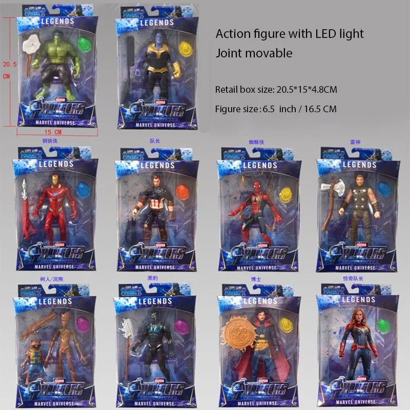 16CM LED Light Action Figure The Avengers Infinity War Heroes Captain Marvel Figure Toys for Children Hulk Thanos Iron Man Thor