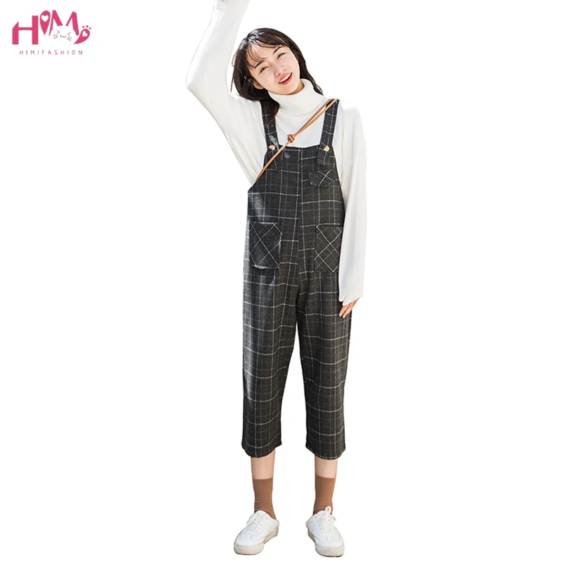 

Fashion Korean Literary Wind Small Fresh Lattice Woolen Suspender Pants Female Winter Loose High Waist Ankle-Length Jumpsuits