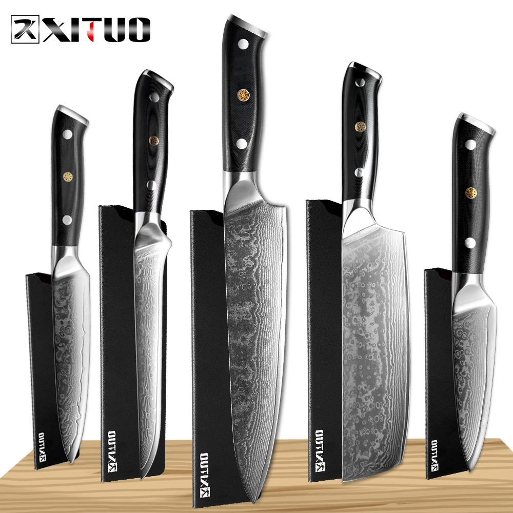 

XITUO Damascus Chef Knife Damascus Steel Japan Sankotu Cleaver Knife Cut Meat Utility Kiritsuke Fruit Kitchen Knife Cooking Tool