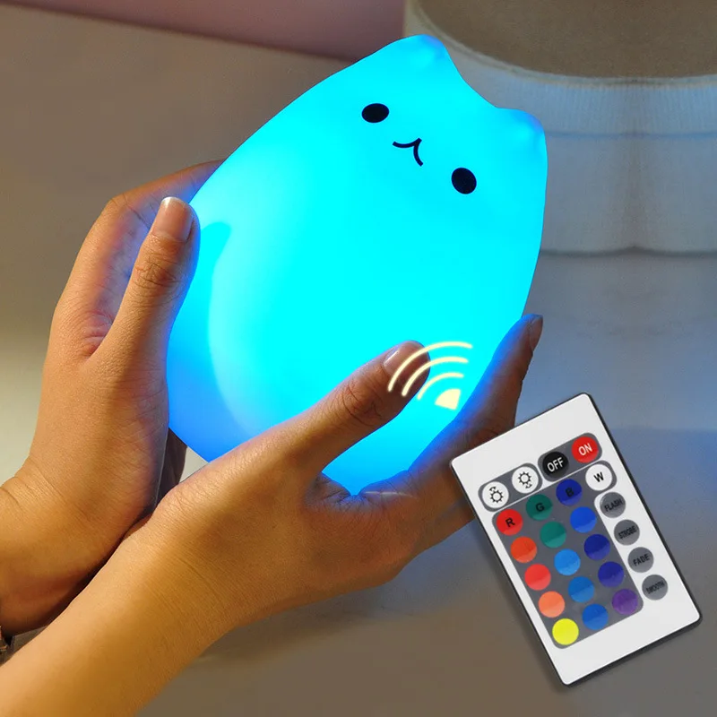 SuperNight Cute Cartoon Cat LED Night Light 7 Colors Silicone Rechargeable TapRemote Control Children Baby Bedside Table Lamp (23)