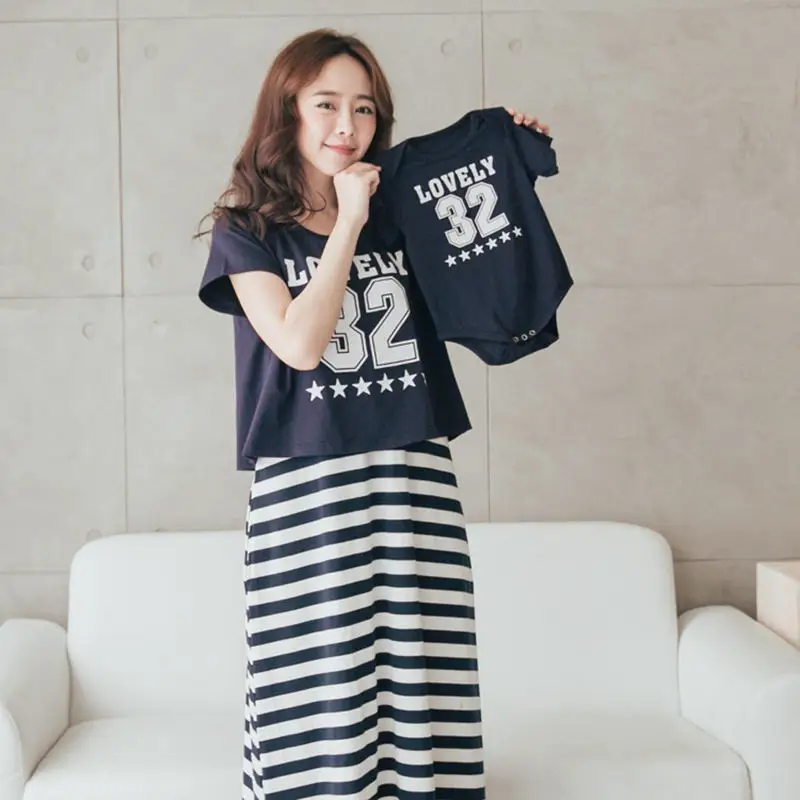 

Fashion Pregnancy Dresses Summer Maternity Clothing Cotton Korean Nursing Dress Navy Blue Striped 2pcs Clothes Baby and Mom 2019