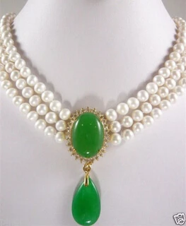 

Jewelr 005359 Fancy 3 Row 6-7mm White/Pink/Black Pearl & Green Jade Pendant Necklace