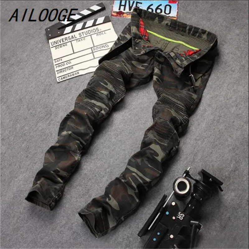 

AILOOGE 2017 New Mens Camouflage Jeans Motorcycle Camo Military Slim Fit Famous Designer Biker Jeans With Zippers Men HZ448