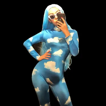 

Sexy Blue Sky Flowers Printed Jumpsuit Nightclub Bar Party Bodysuit Female Singer Stage Wear Women's Birthday Dance Clothing