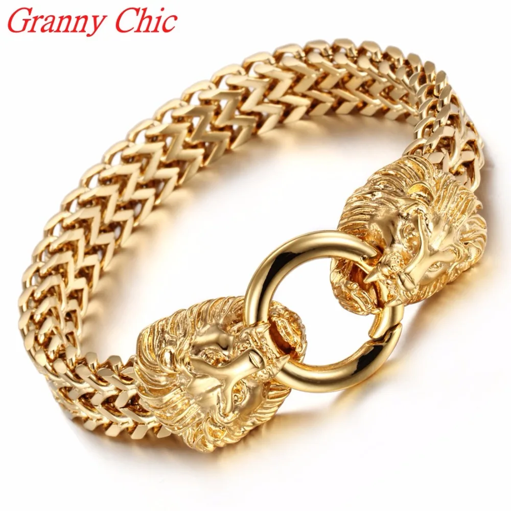 

Granny Chic 8.66" 12MM Retro Double Figures Punk Men's Boy Gold Lion Clasp Bracelet Stainless Steel Figaro Chains Knight Jewelry