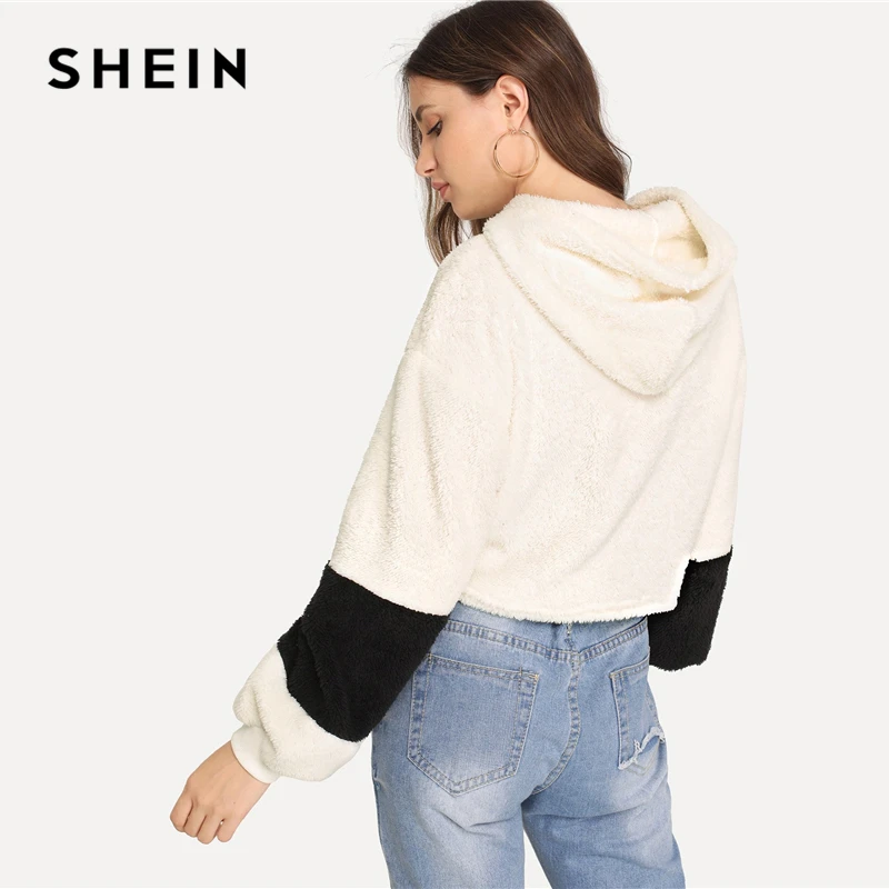 SHEIN الأبيض أنيقة Preppy المحاصيل تيدي Colorblock هوديي البلوز 2018 الخريف الحرم الجامعي عارضة النساء البلوفرات بلوزات