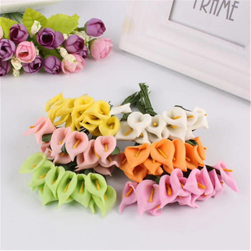 

Mini PE Calla Lily Artificial Flowers Bouquet Multicolor Scrapbooking Flower Leaves Stamen Wedding Box Decoration 12pcs/lot