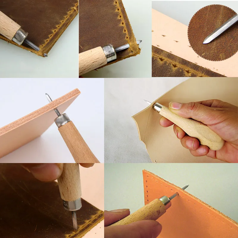 3//4//5//6mm Leather Craft Rhombus Awl Wood Handle Stitching Sewing Reaming Tools