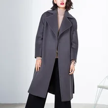Free Shipping 2016Women Brand New Elegant Coat Top Quality 100% Wool Double Face Belt Cut By Hand Custom Tailor Turn-down Collar