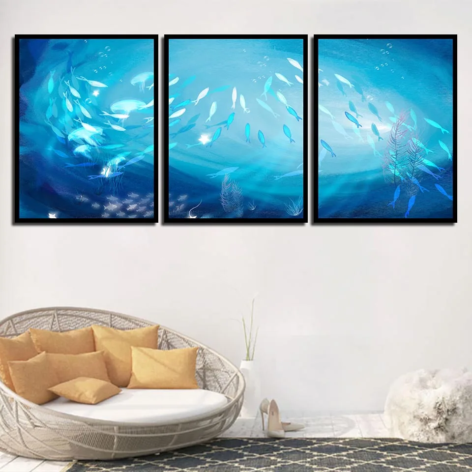 

Nordic Style Poster Modern A4 Print Fish Group Picture Canvas Minimalism Blue Seaview Painting Bedroom Home Decor Wall Art Frame