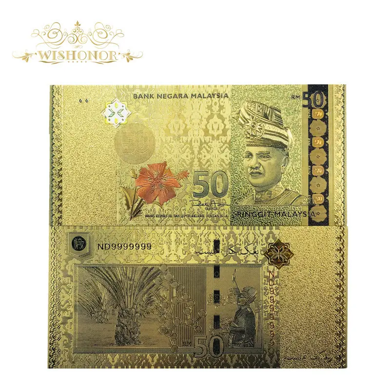 

10pcs/lot 50 Ringgit Gold Plated Banknote 10pcs/lot 24k Gold Foil Bank Note Malaysia Fake Money as Gifts