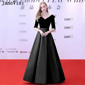 

JaneVini Vestidos 2018 Black Mother of The Bride Dresses V Neck Half Sleeve Satin A Line Floor Length Women Formal Evening Gowns