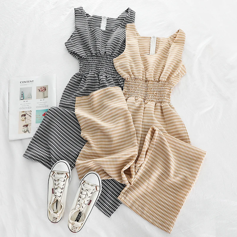 

2019 new fashion women's rompers Vest jumpsuit high waist Fresh plaid wide leg casual pants jumpsuit H673
