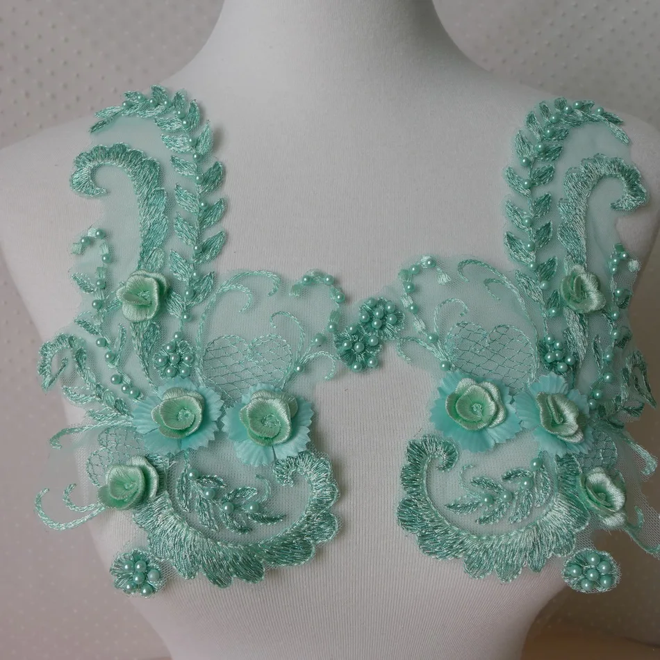 

1 Pair Mint Green Red Ivory White Beaded Lace Applique Fabric Embroidered DIY Handmade Sewing Trim Decorative 23*15cm