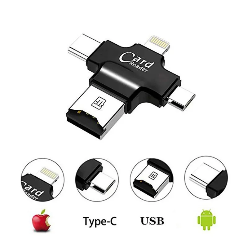 

4 in 1 Portable Super Speed Micro TF Card Reader for iPhone/ipad/PC/Android with Lightning/USB Type C/Micro USB Interfaces