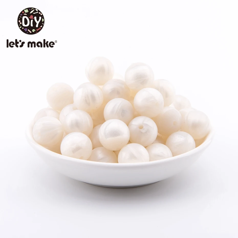 Pearl White Давайте сделаем Круглые Детские Прорезыватели, силиконовые бусины, 50 шт., 15 мм, мраморные металлические бусины, силиконовые бусины, жемчужные погремушки, ожерелье для кормящих, подарки - Цвет: Pearl White