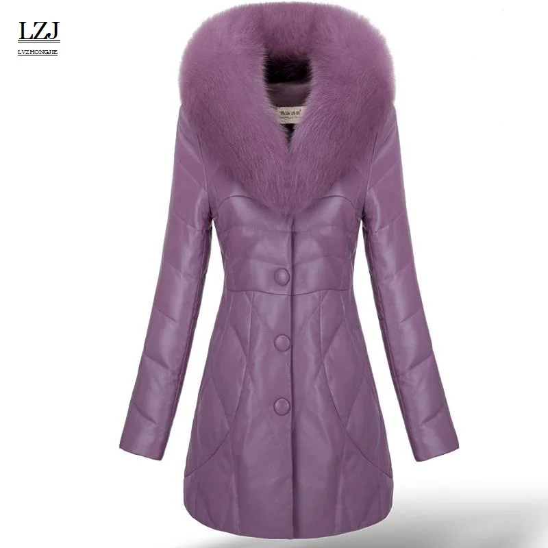 Lzj Высокое качество лисий мех воротника кожа пуховик для женщин кролика пальто с мехом с класса люкс кабриолет Размер 3XL специальное предложение - Цвет: purple