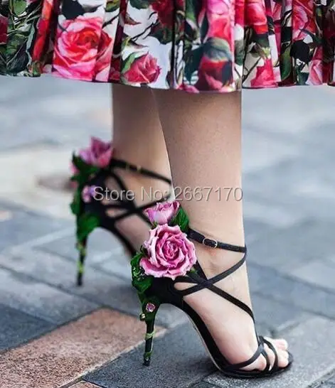 

Fashion Runway Women Rose Sandals Embrodery Bejeweled Applique High heels Gladiator Cross Cages Satin Heels Party Dress Sandalia