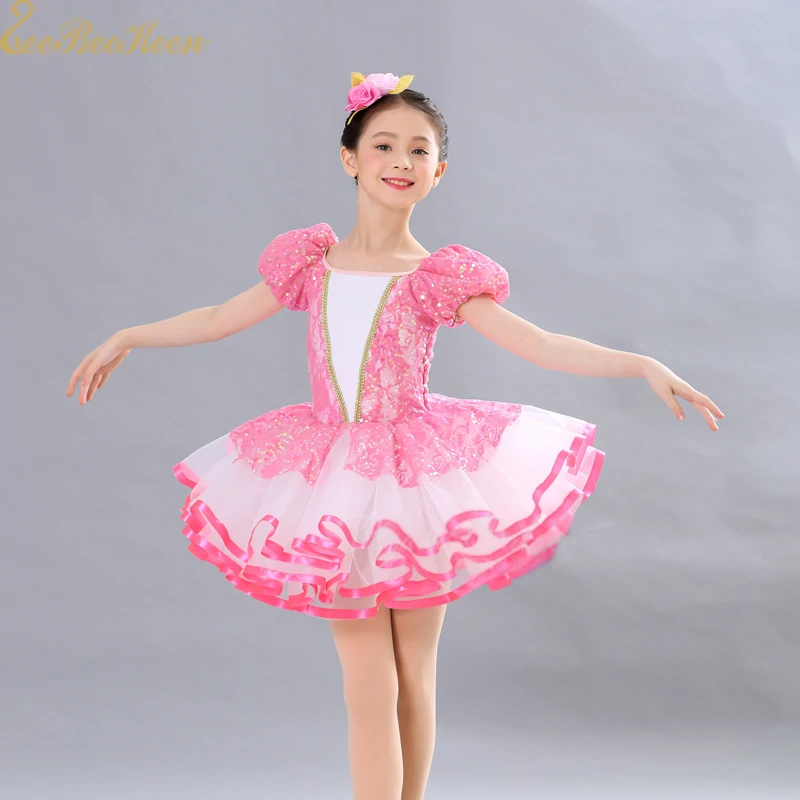 

Girl Pink Tutu Ballet Dress Princess Dress Professional Ballet costume Women Short/long sleeve Sequins Dance Dress For Children